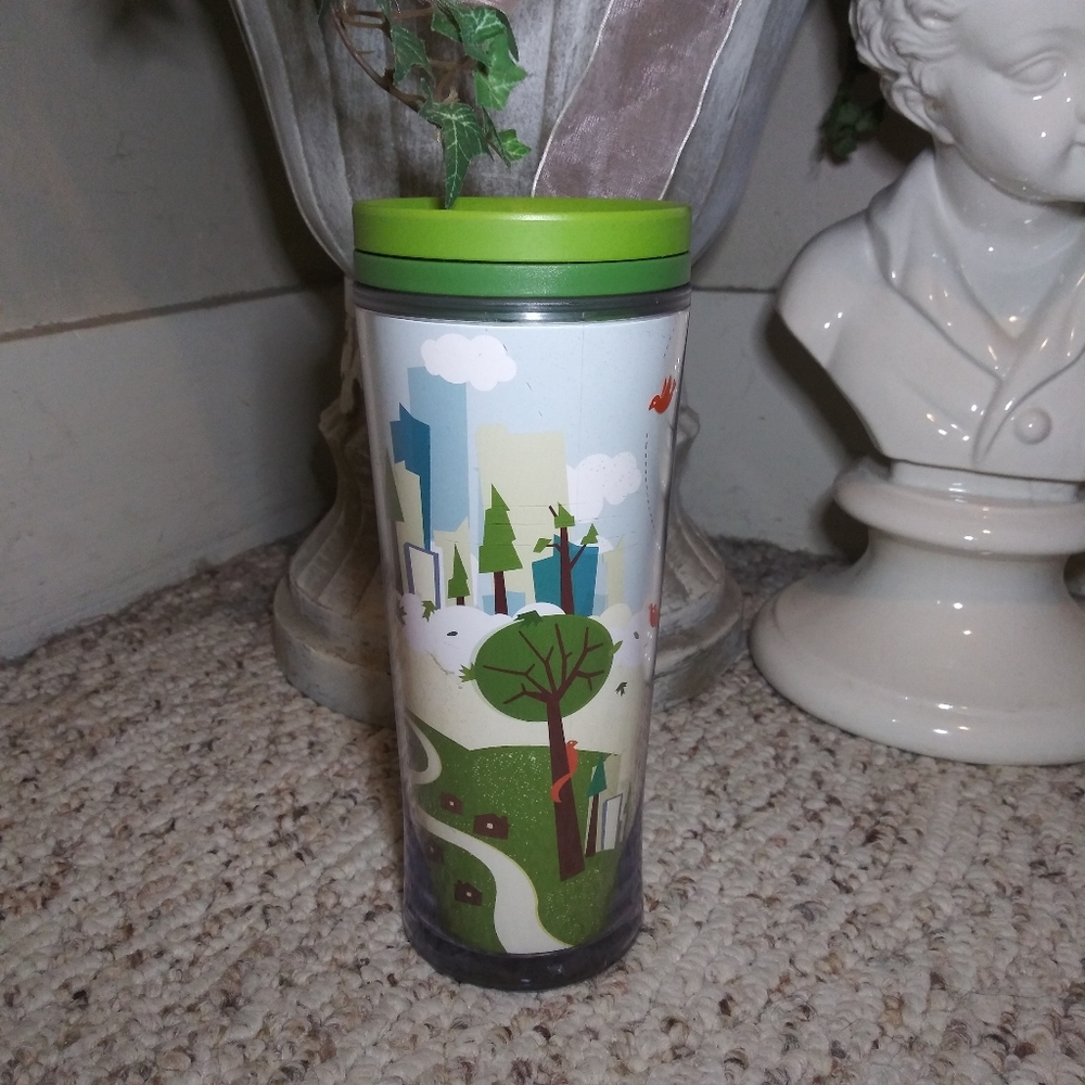 Rare 2009 Starbucks Cartoon Graphic City Plastic Travel Mug - Picture 2 of 10